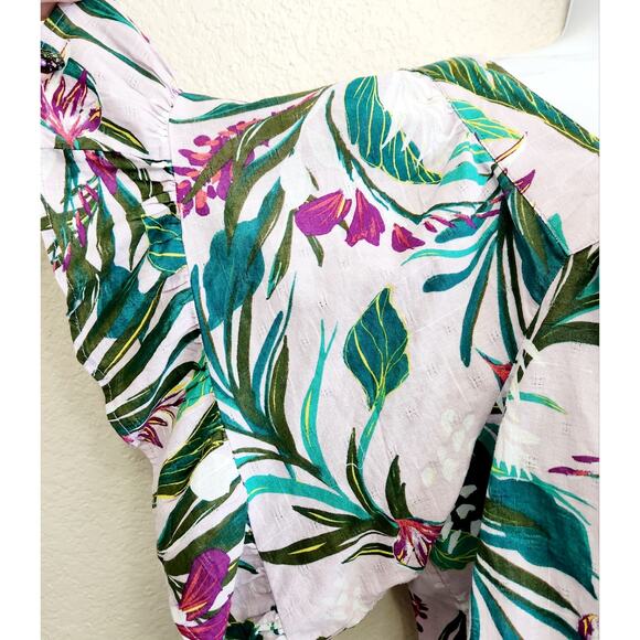 Terra & Sky Green Fuchsia Floral Print Top 14W Plus Lightweight Ruffled Sleeves - Picture 2 of 5